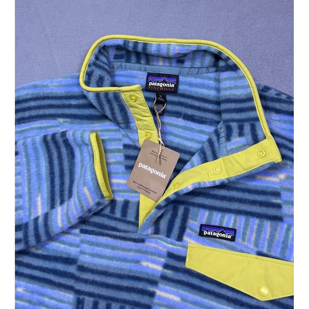 Patagonia Synchilla Jacket Mens XL Geometric Snap Wetland Blue Fleece USA NEW